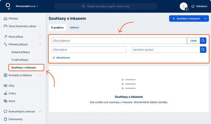 Filtrování souhlasů s domácím inkasem