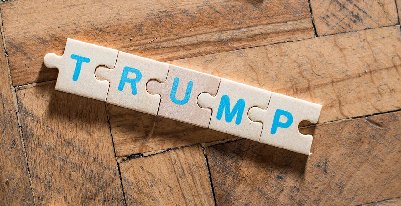 Schriftzug Trump aus Puzzleteilen auf einem Parkettboden