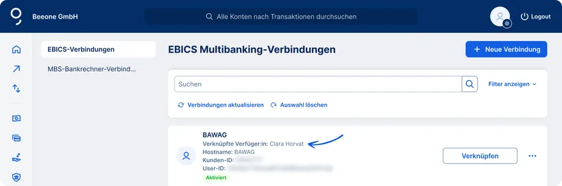 EBICS-Einrichtung:Verfüger:in verknüpft