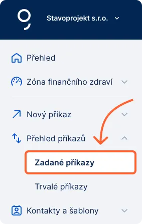 Levé menu se zadanými příkazy