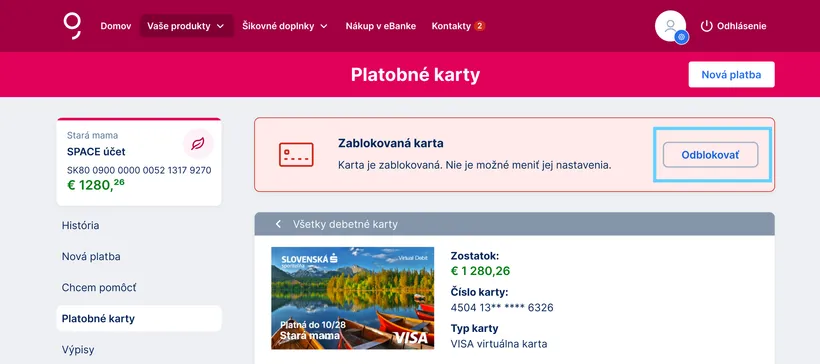 odblokovanie karty