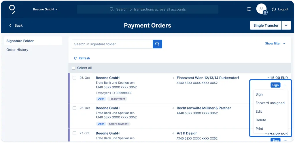 Actions in the signature folder