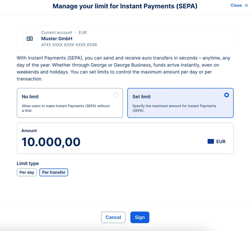 Limit types and setup - Instant Payment SEPA