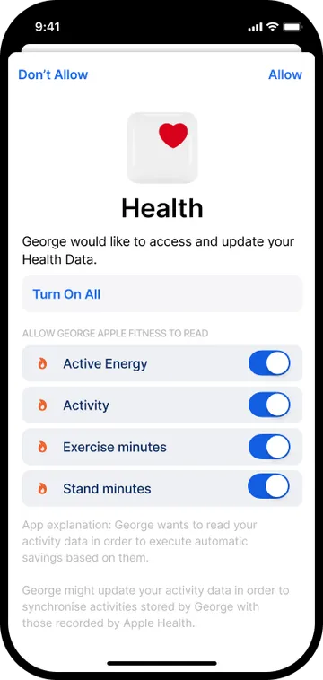 Move & Save: Granting the necessary Apple Health permissions.