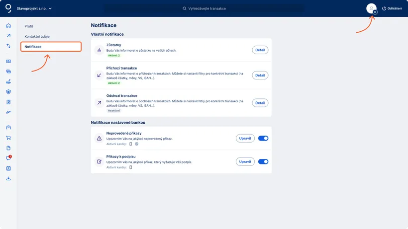 Přehled notifikací v profilu