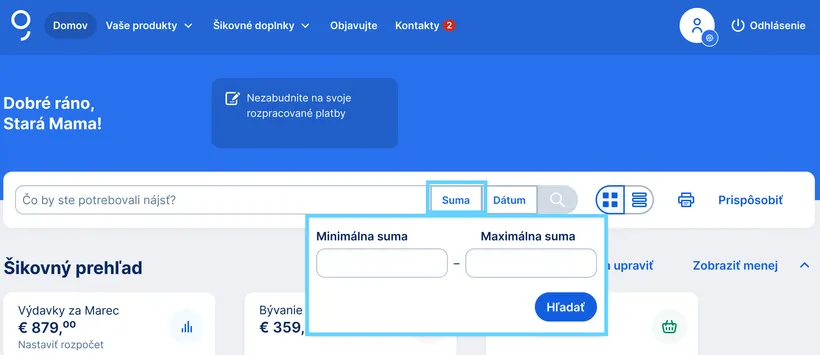 vyhľadávanie podľa sumy