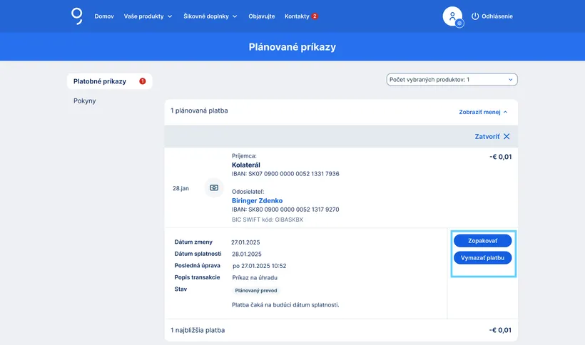 detail čakajúcej platby