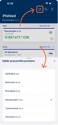 Přepínání mezi firmmi v mobilní aplikaci