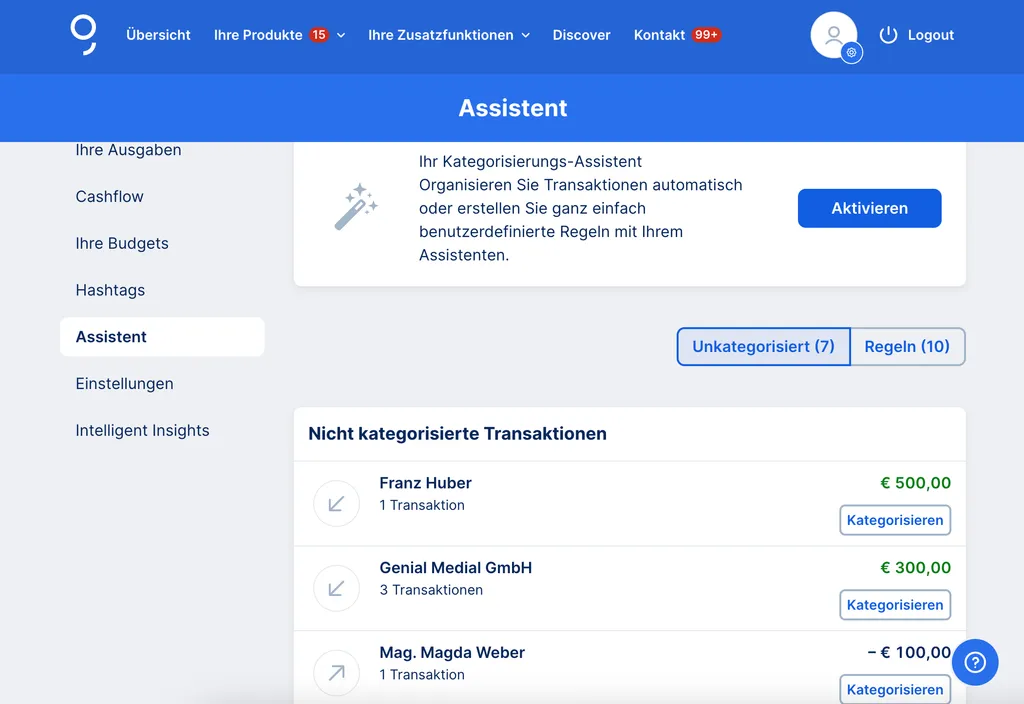 Assistent Übersicht mit Transaktionen