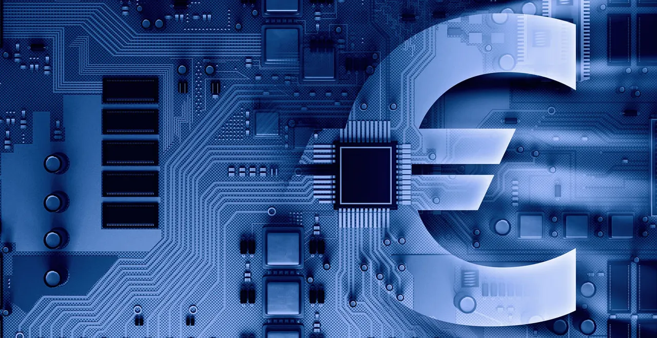 Symbolbild für den digitalen Euro - Euro-Währungszeichen und Bestandteile einer Festplatte