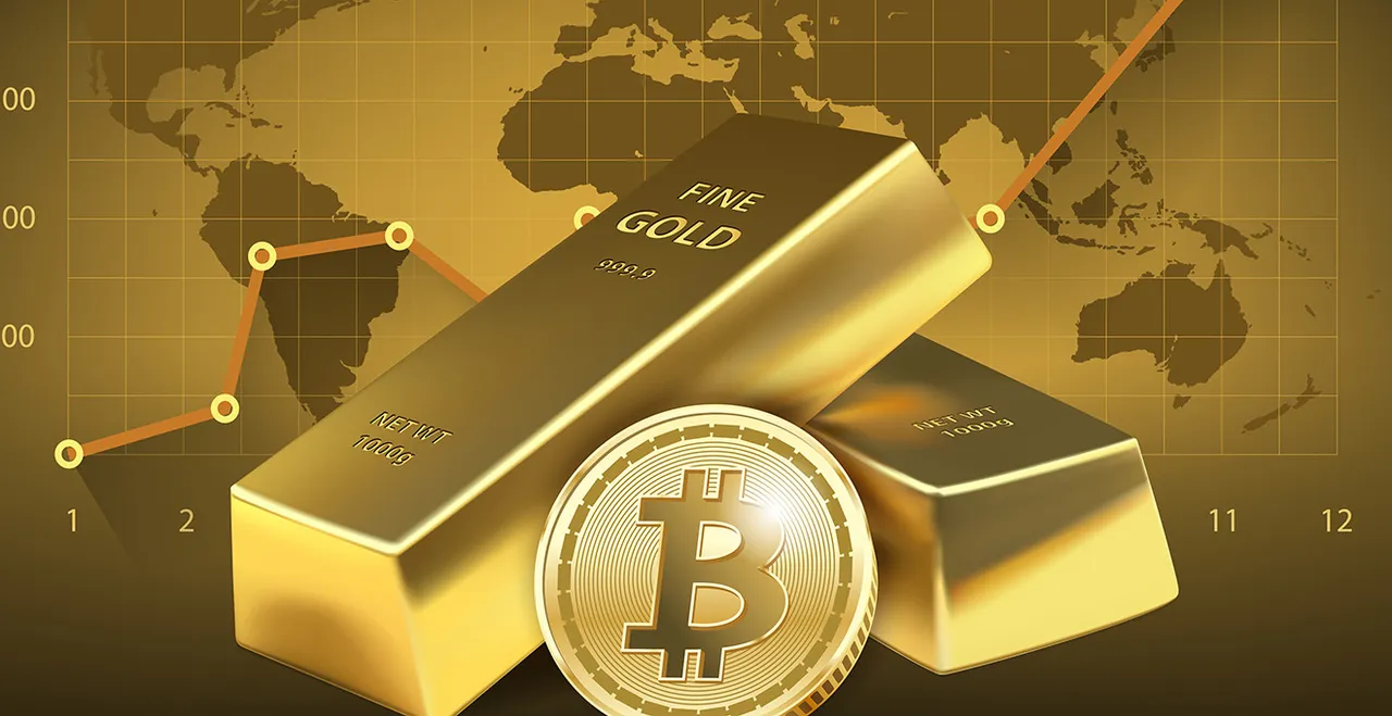 Symbolgrafik mit Bitcoin-Münze und Goldbarren