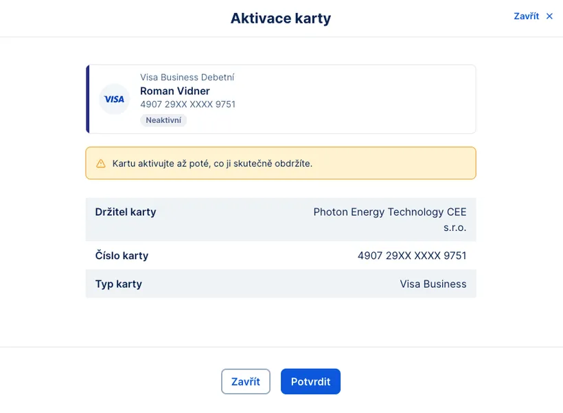 Detail aktivace karty