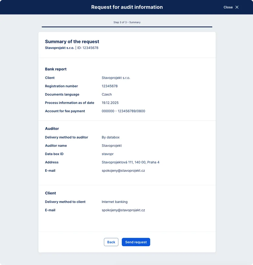 Summary of the bank statement for auditor