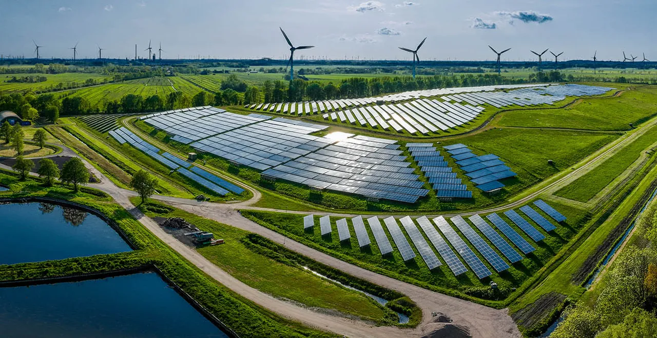 Symbolbild - PV-Anlage und Windräder in grüner Landschaft