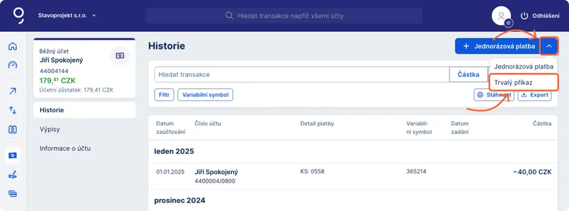 Trvalé příkazy z konkrétního účtu