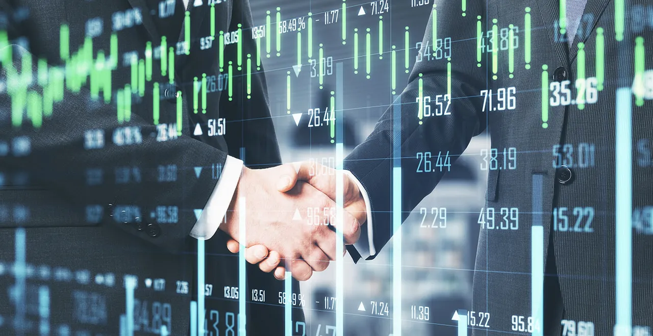 Symbolgrafik - Handshake und grüne Balkendiagramme