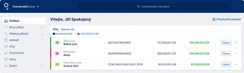 Sekce s účty na hlavní obrazovce