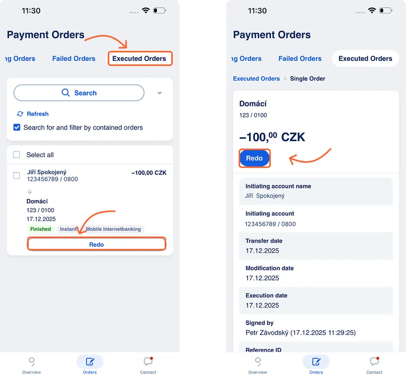 Repeat payment from history in app