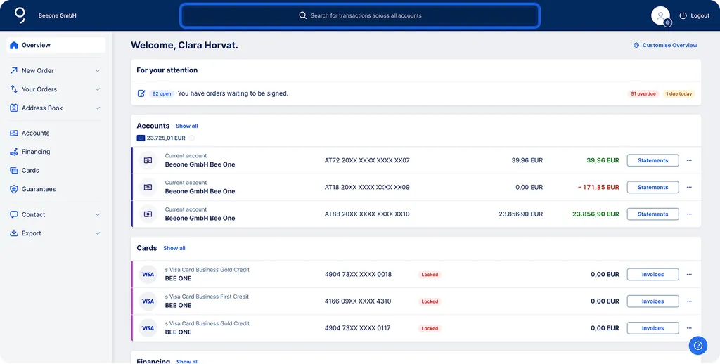 The top header search bar which will find transactions across all products
