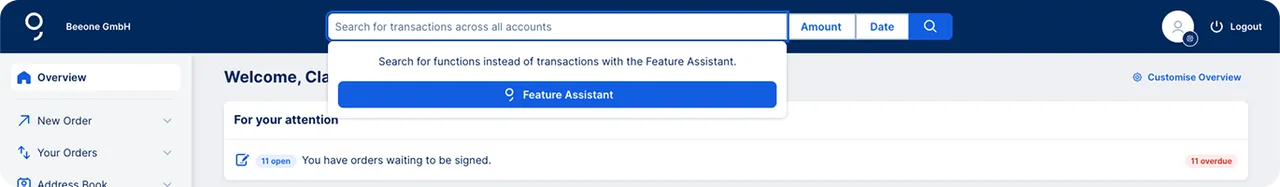 Header search bar with shortcut to Feature Assistant