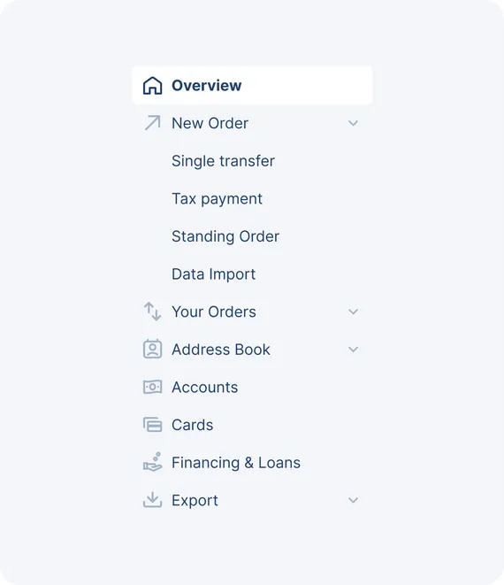The left side menu with further expendable submenus