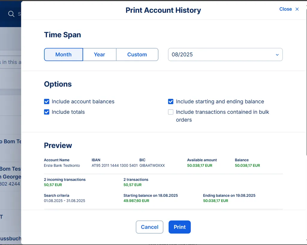 Print of account history