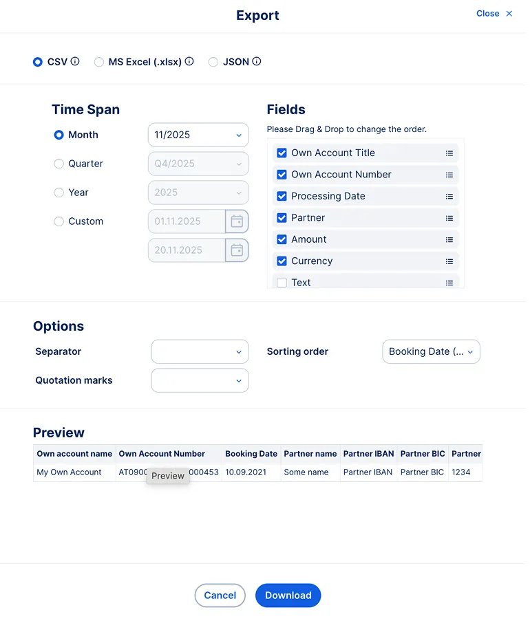 Export transaction history