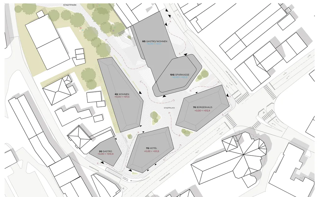 Plan von Wörgls zukünftiger Stadtmitte mit den geplanten Sparkassengebäuden