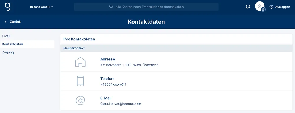 Ansicht der persönlichen Kontaktdaten