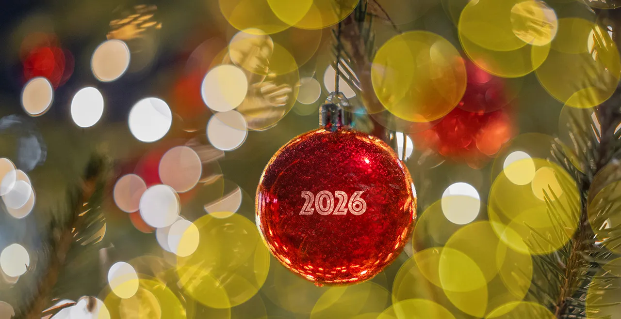 Rote Kugel umgeben von Lichtern auf einem Weihnachtsbaum