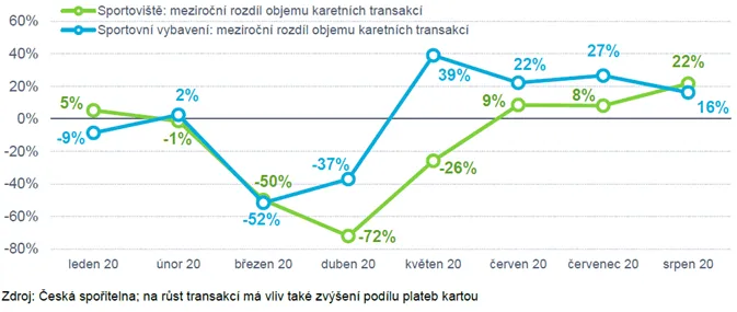 Vývoj objemu transakcí: sportoviště a sportovní vybavení (%, meziroční změna)