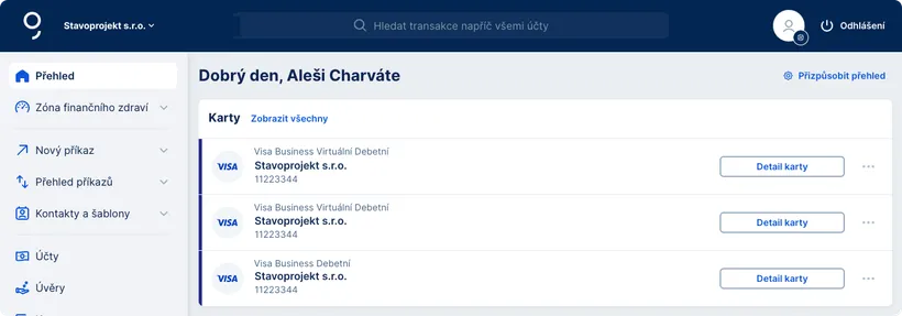 Sekce s kartami na úvodní obrazovce