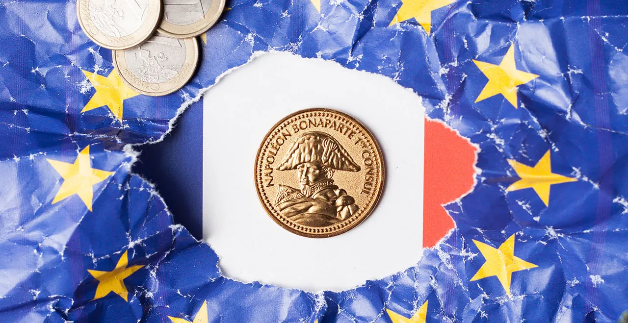 Symbolgrafik EU-Flagge mit Münzen und Frankreich-Fahne