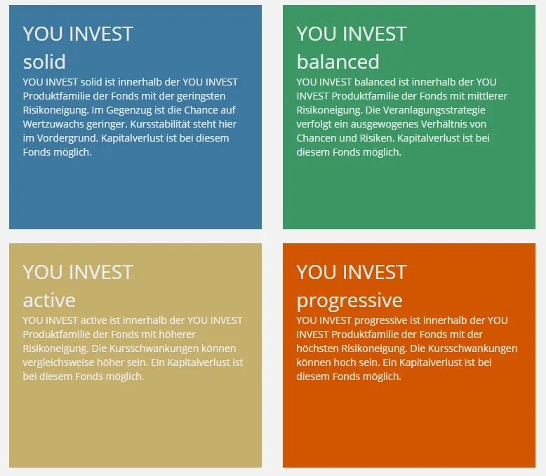YOU INVEST solid ist innerhalb der YOU INVEST Produktfamilie der Fonds mit der geringsten Risikoneigung. Im Gegenzug ist die Chance auf Wertzuwachs geringer. Kursstabilität steht hier im Vordergrund. Kapitalverlust ist bei diesem Fonds möglich. YOU INVESTbalanced ist innerhalb der YOU INVEST Produktfamilie der Fonds mit mittlerer Risikoneigung. Die Veranlagungsstrategie verfolgt ein ausgewogenes Verhältnis von Chancen und Risiken. Kapitalverlust ist bei diesem Fonds möglich. YOU INVEST active ist innerhalb der YOU INVEST Produktfamilie der Fonds mit höherer Risikoneigung. Die Kursschwankungen können vergleichsweise höher sein. Ein Kapitalverlust ist bei diesem Fonds möglich. YOU INVEST progressive ist innerhalb der YOU INVEST Produktfamilie der Fonds mit der höchsten Risikoneigung. Die Kursschwankungen können hoch sein. Ein Kapitalverlust ist bei diesem Fonds möglich.