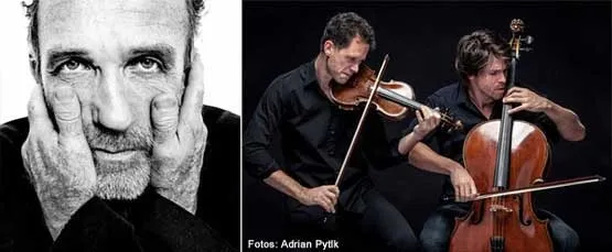 Fotocollage, ein Mann blickt in die Kamera mit zwei Händen im Gesicht in schwarz weiß, daneben ein Foto von zwei Männern auf Geige und Cello