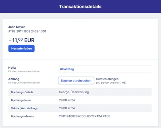 Hashtags, Notizen onder Anhänge zu Transaktionsdetails bei George Business
