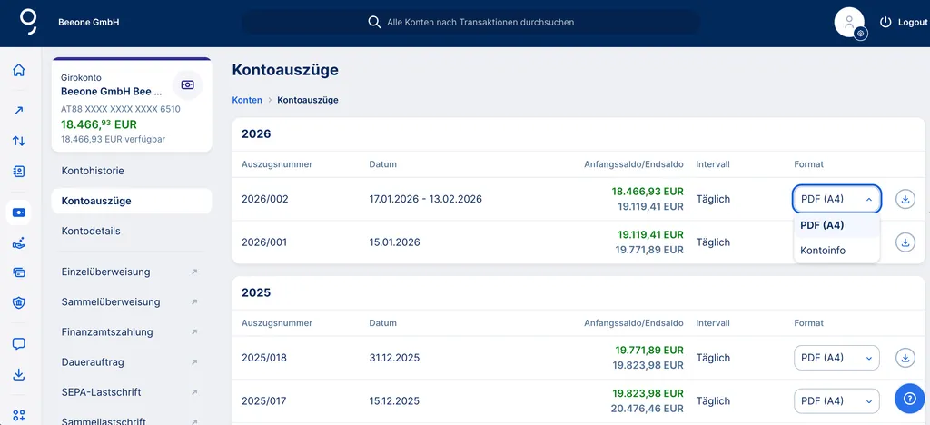 Kontoauszug Formatauswahl