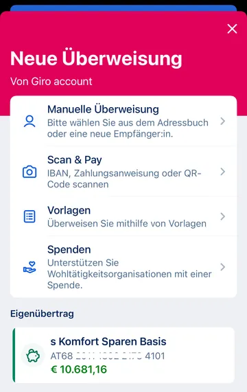 Eigenübertrag über Girokonto - George app