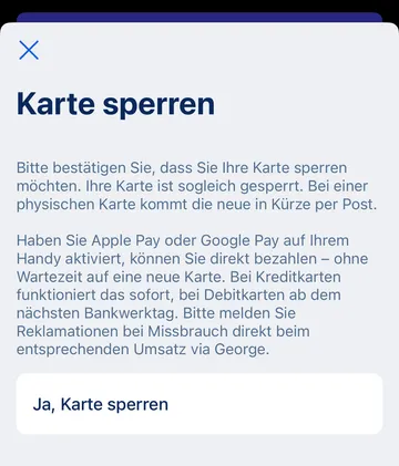 Kreditkarte sperren - Bestätigung