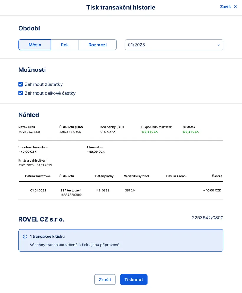 Detail možností tisku historie transakcí