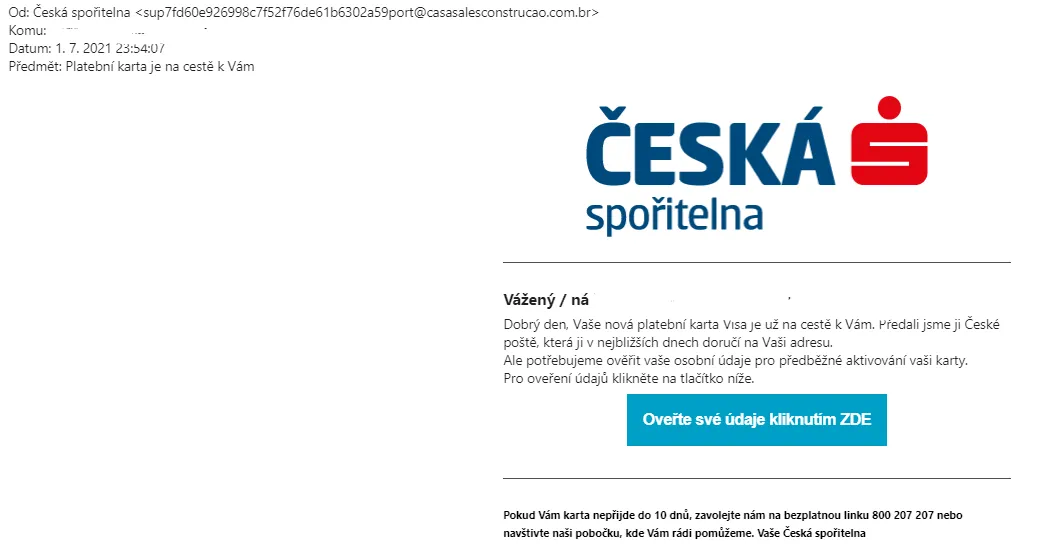Ukázka phishingu na platební karty