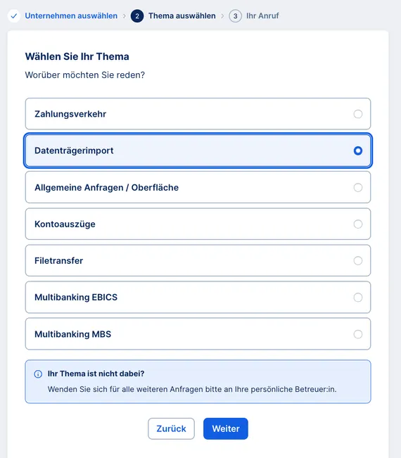 Themenauswahl - Autorisierter Anruf