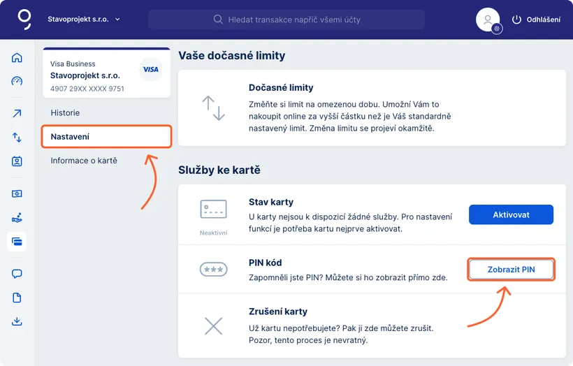 Nastavení karty a možnost zobrazení PIN