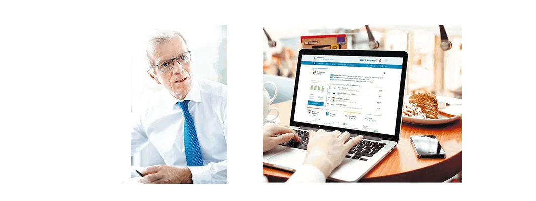 zwei Bilder gegenübergestellt mit einem Porträtbild von einem Mann und einer Frau die sich Erste Sparkasse Online Seite auf einem Laptop ansieht