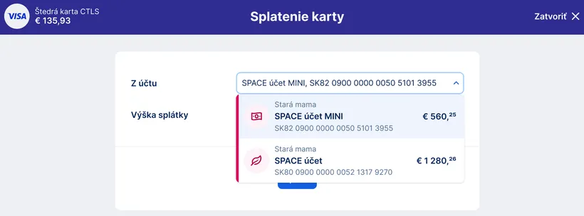 výber účtu na splatenie