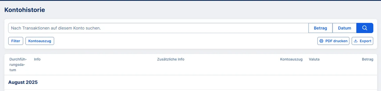 Druck- und Export-Optionen über der Kontohistorie