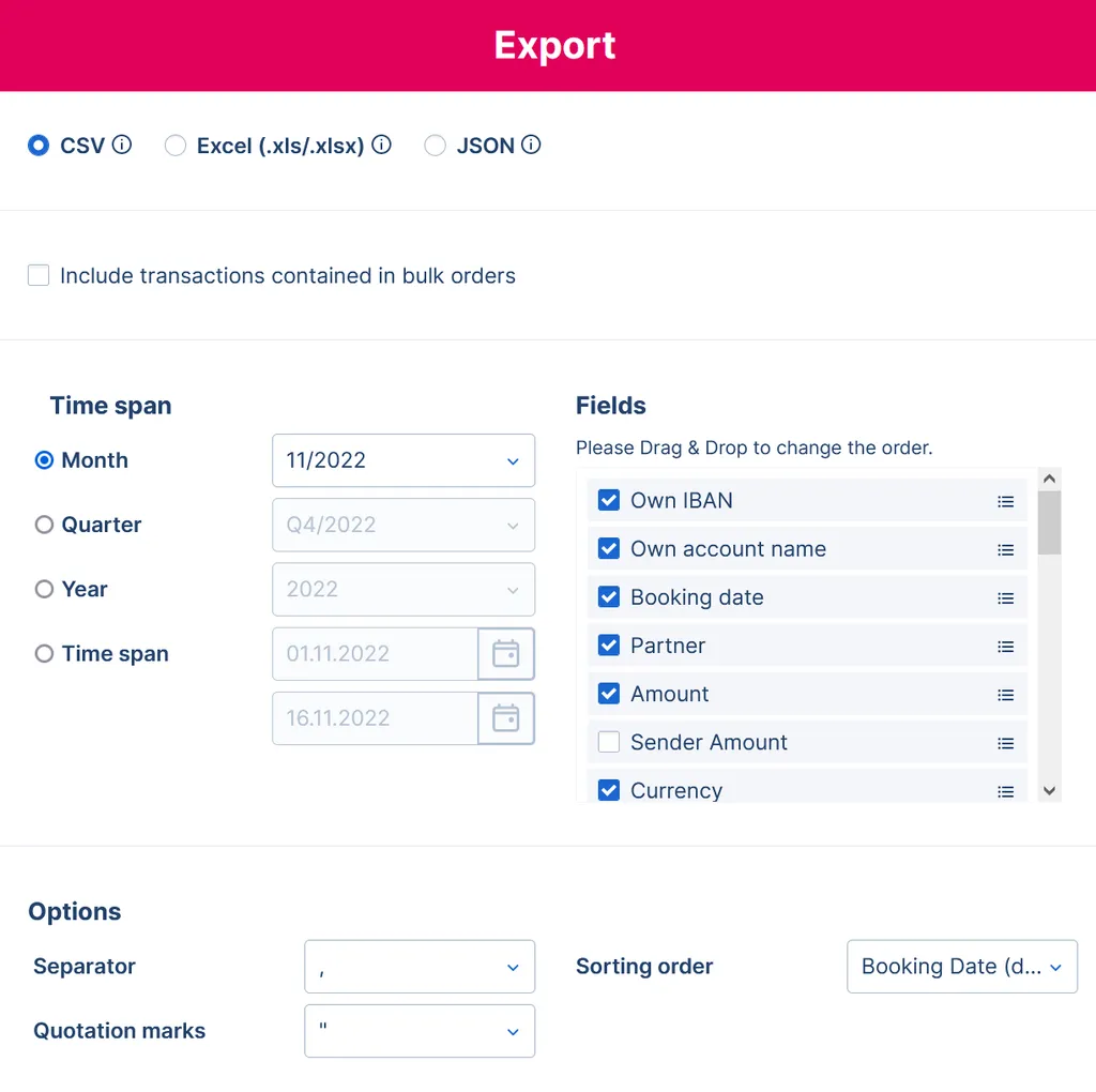 Export of transaction history