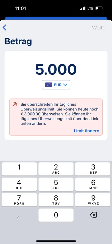 Überweisung über Tageslimit