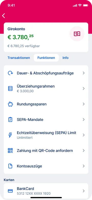 Limit für Echtzeit-Überweisungen (SEPA) in Funktionen im Girokonto