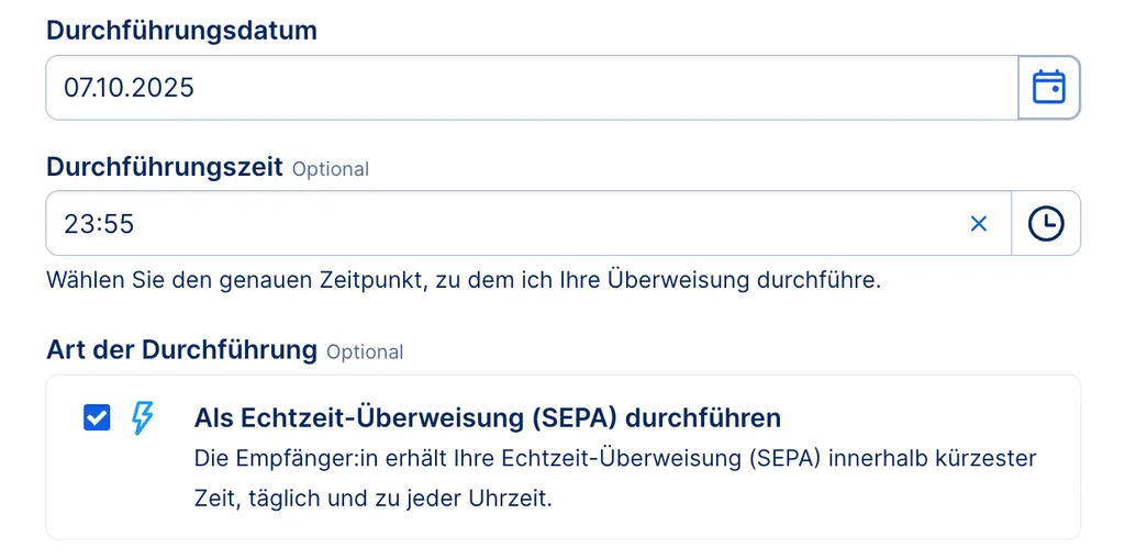 Checkbox Echtzeit-Überweisung (SEPA)